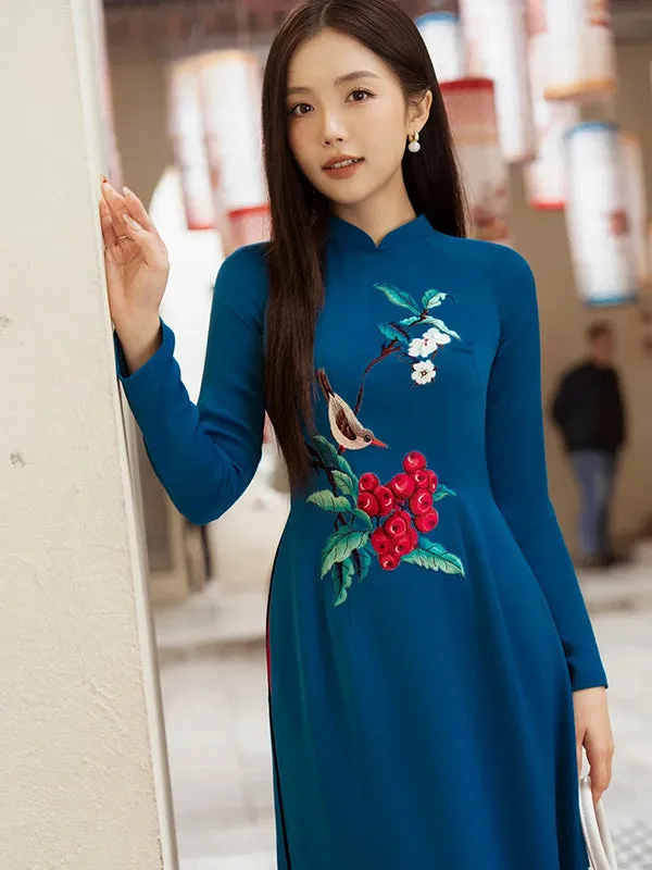 Ao Dai Vietnam Blue Embroidery Includes One Ao Dai Top And Pants