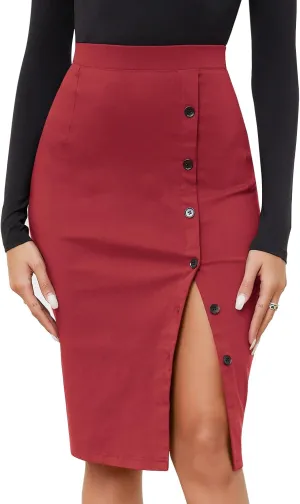 Byinns Women's 2025 High Waist Pencil Skirt Button Slit Work Skirts Plaid Business Bodycon Midi Skirt Knee Length