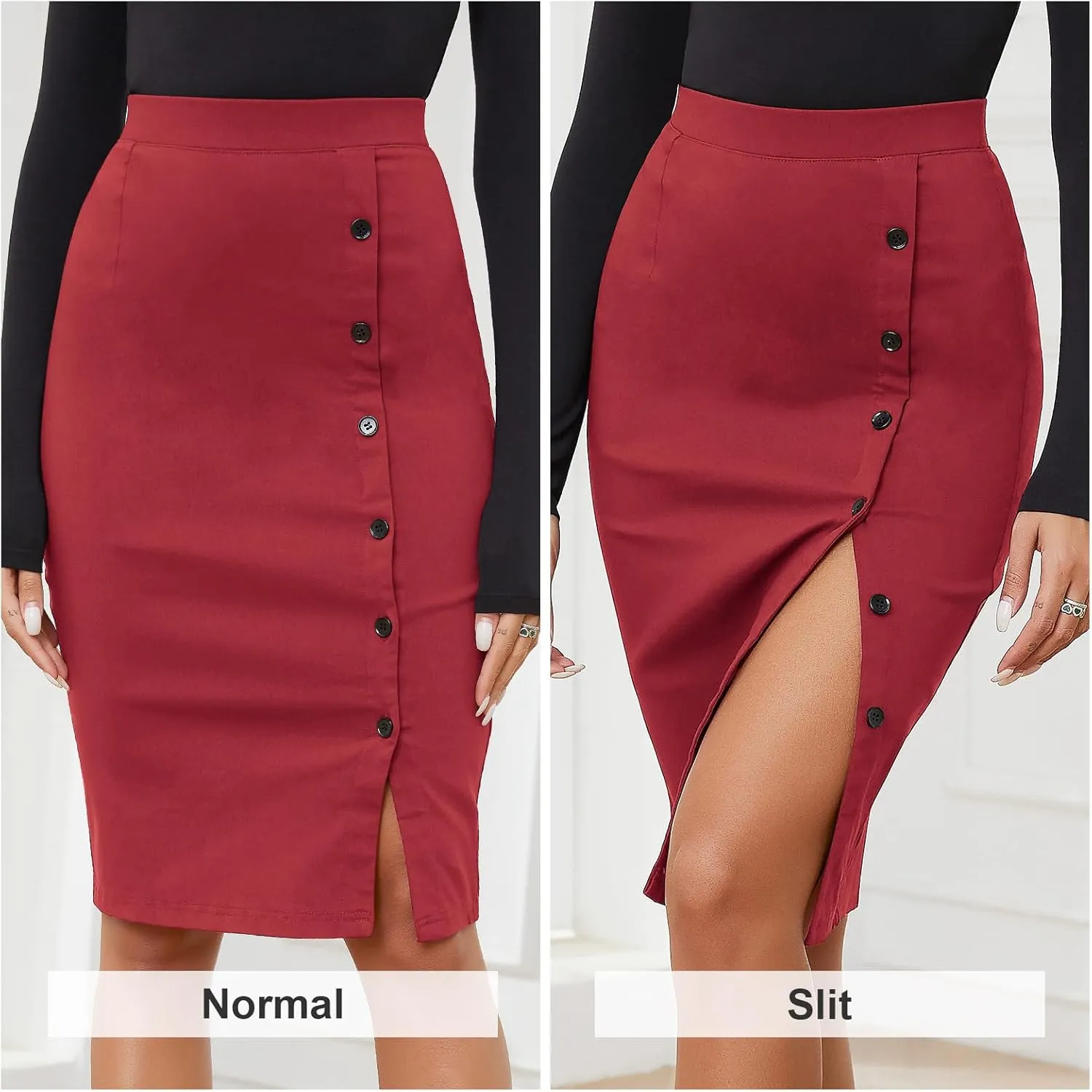 Byinns Women's 2025 High Waist Pencil Skirt Button Slit Work Skirts Plaid Business Bodycon Midi Skirt Knee Length