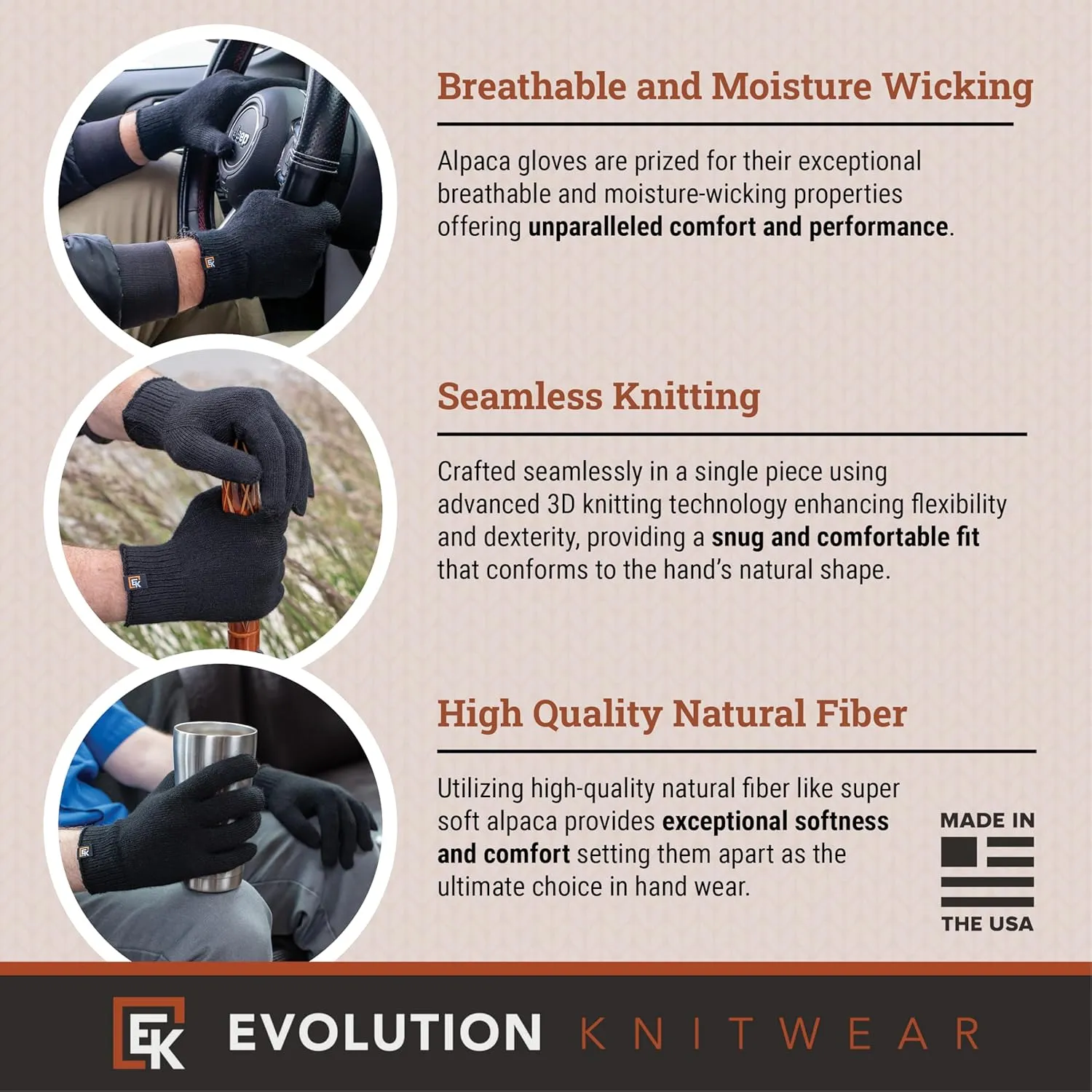 Evolution Knitwear Alpaca Knit Gloves - Super Soft Baby Alpaca - Made in The USA - Large