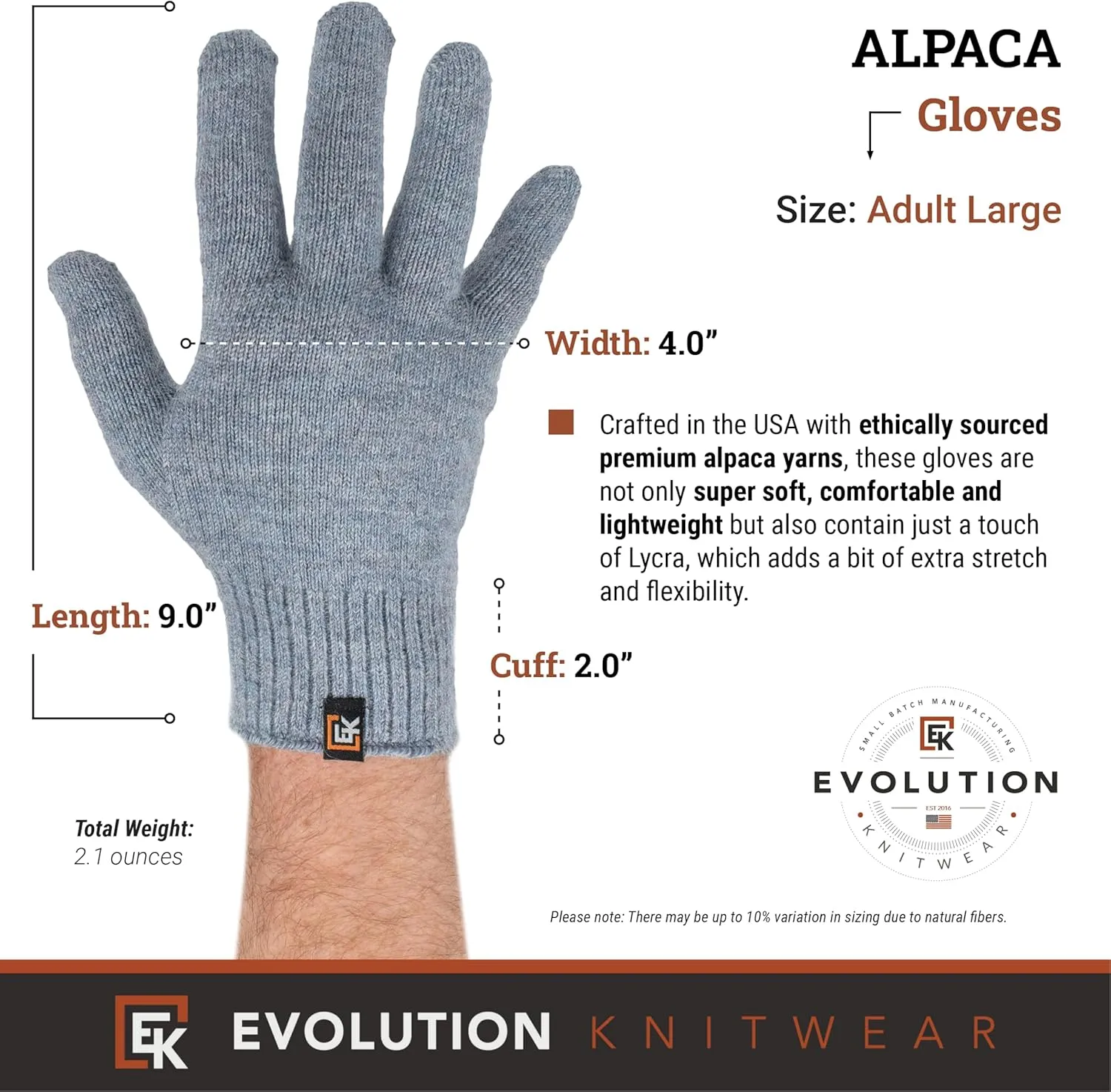 Evolution Knitwear Alpaca Knit Gloves - Super Soft Baby Alpaca - Made in The USA - Large