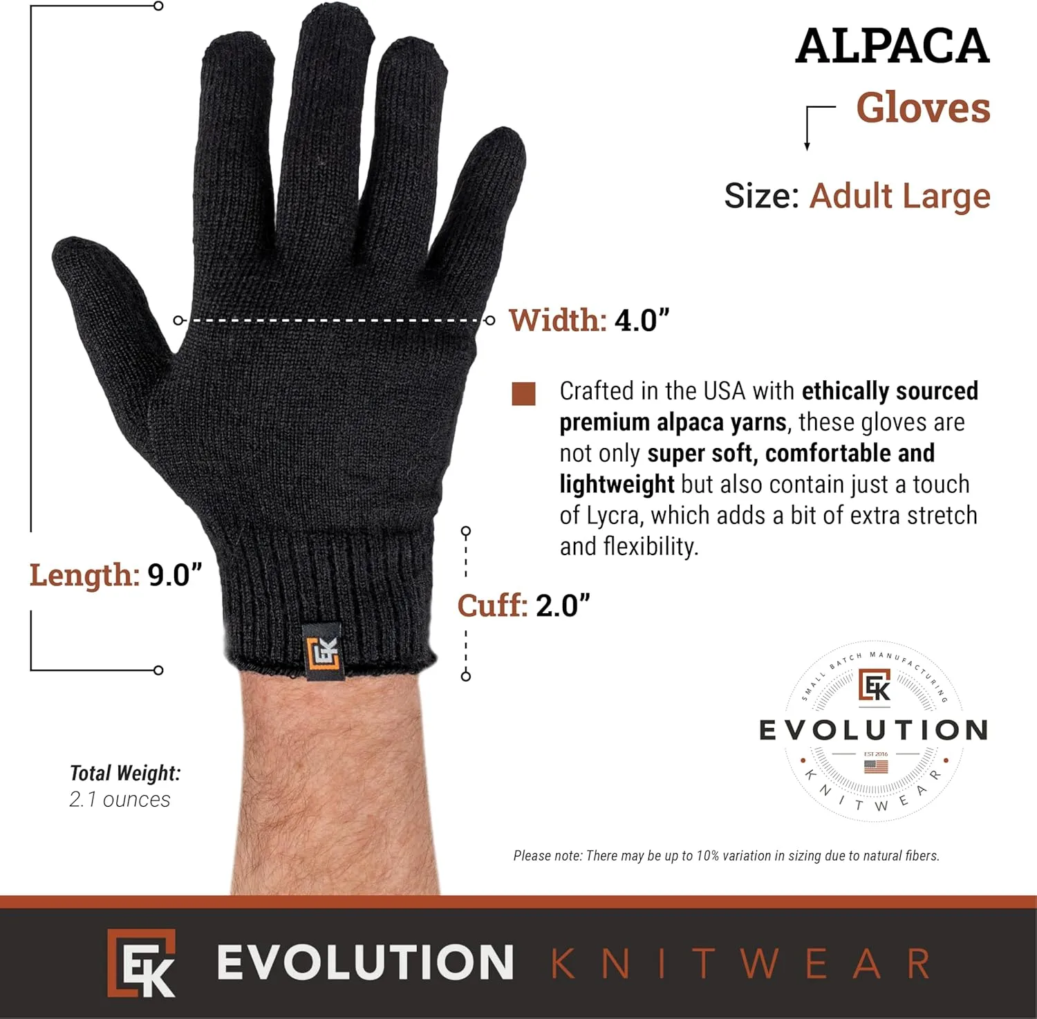 Evolution Knitwear Alpaca Knit Gloves - Super Soft Baby Alpaca - Made in The USA - Large