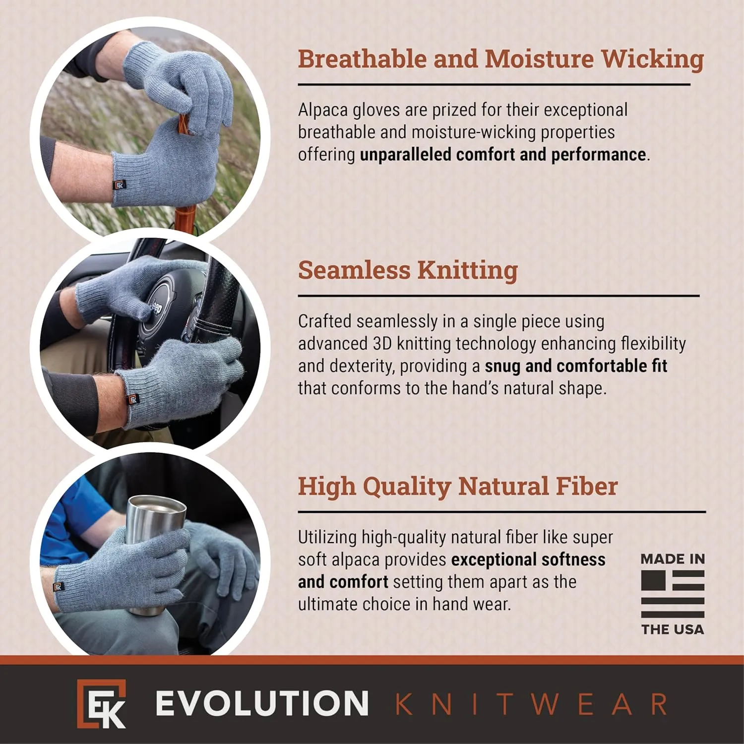Evolution Knitwear Alpaca Knit Gloves - Super Soft Baby Alpaca - Made in The USA - Large
