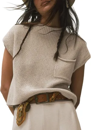 Fiona Jolin Women's Sleeveless Knit Sweater Vest Vintage Cap Sleeve Casual Mock Neck Tank Top with Front Pocket