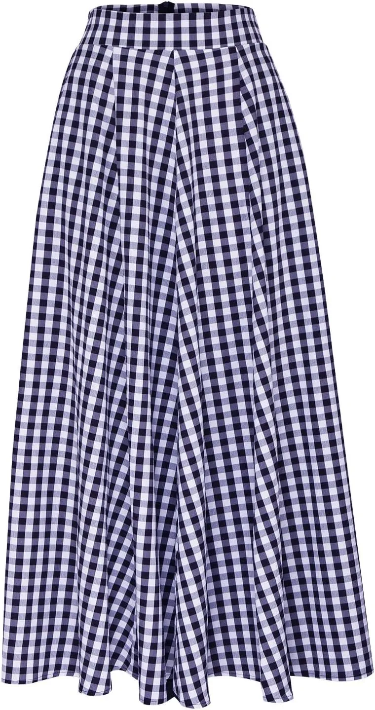 HGps8w Women's Plus Size Plaid Maxi Skirt with Pockets Casual Elegant High Waist Flared Flowy Long Skirt for 2025 Fall