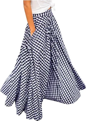 HGps8w Women's Plus Size Plaid Maxi Skirt with Pockets Casual Elegant High Waist Flared Flowy Long Skirt for 2025 Fall