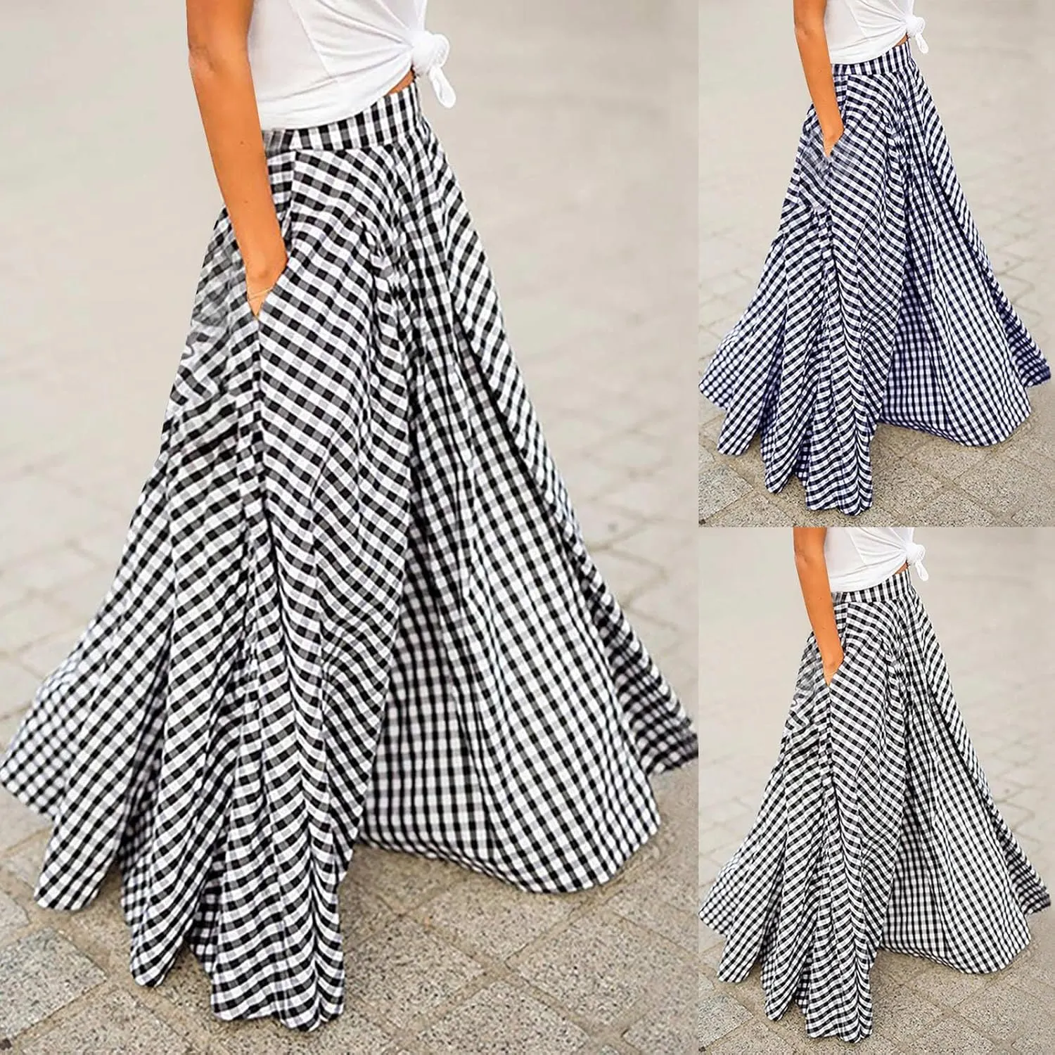 HGps8w Women's Plus Size Plaid Maxi Skirt with Pockets Casual Elegant High Waist Flared Flowy Long Skirt for 2025 Fall
