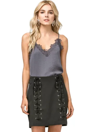 High Waist Grommet Mini Skirt, Black High Waist Grommet Mini Skirt, Black