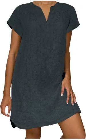 JOAU Womens Cotton Linen Shirt Dress Summer Casual Short Sleeve Notched V Neck Beach Cover Up Knee Length Vacation Dresses