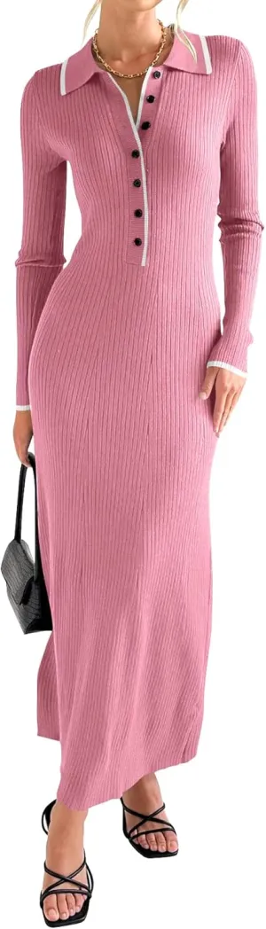 Langwyqu Womens Knit Long Sweater Dress Button V Neck Collared Long Sleeve Ribbed Bodycon Pullover 2024 Fall Maxi Dresses
