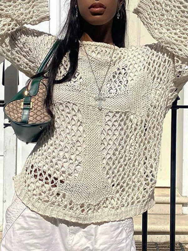Long Sleeves Loose Hollow Solid Color Round-Neck Knitwear Pullovers Sweater Tops