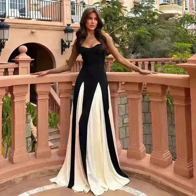 Luxury Women Sleeveless Color Contrast Sling Dress for Wedding Cocktail Evening Party events