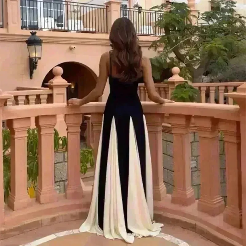 Luxury Women Sleeveless Color Contrast Sling Dress for Wedding Cocktail Evening Party events
