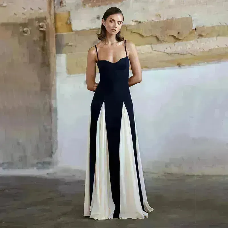 Luxury Women Sleeveless Color Contrast Sling Dress for Wedding Cocktail Evening Party events