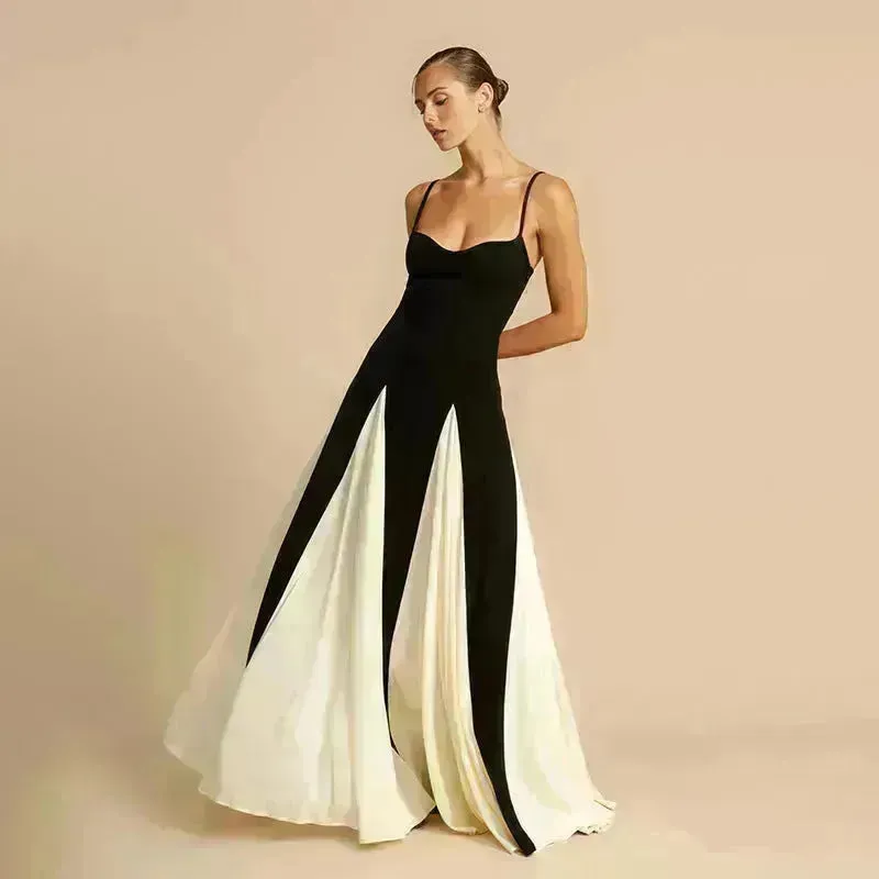 Luxury Women Sleeveless Color Contrast Sling Dress for Wedding Cocktail Evening Party events
