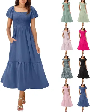 Maxi Summer Dresses for Women Smocked Square Neck Flutter Sleeve Dress Elegant Classy a Line Dresses with Pockets