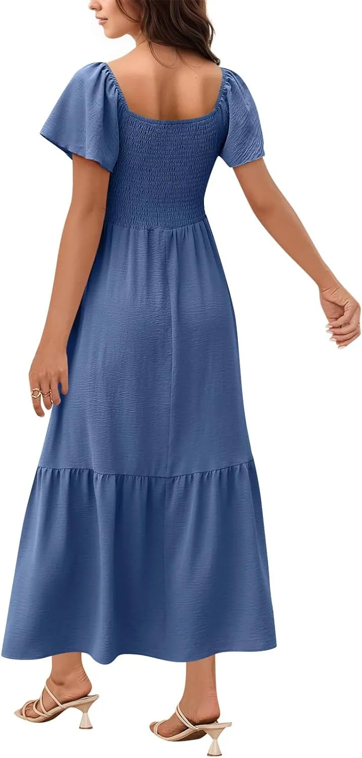 Maxi Summer Dresses for Women Smocked Square Neck Flutter Sleeve Dress Elegant Classy a Line Dresses with Pockets