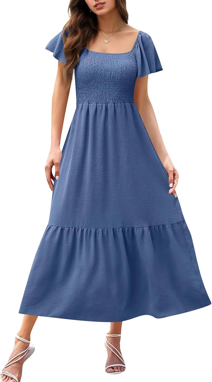 Maxi Summer Dresses for Women Smocked Square Neck Flutter Sleeve Dress Elegant Classy a Line Dresses with Pockets