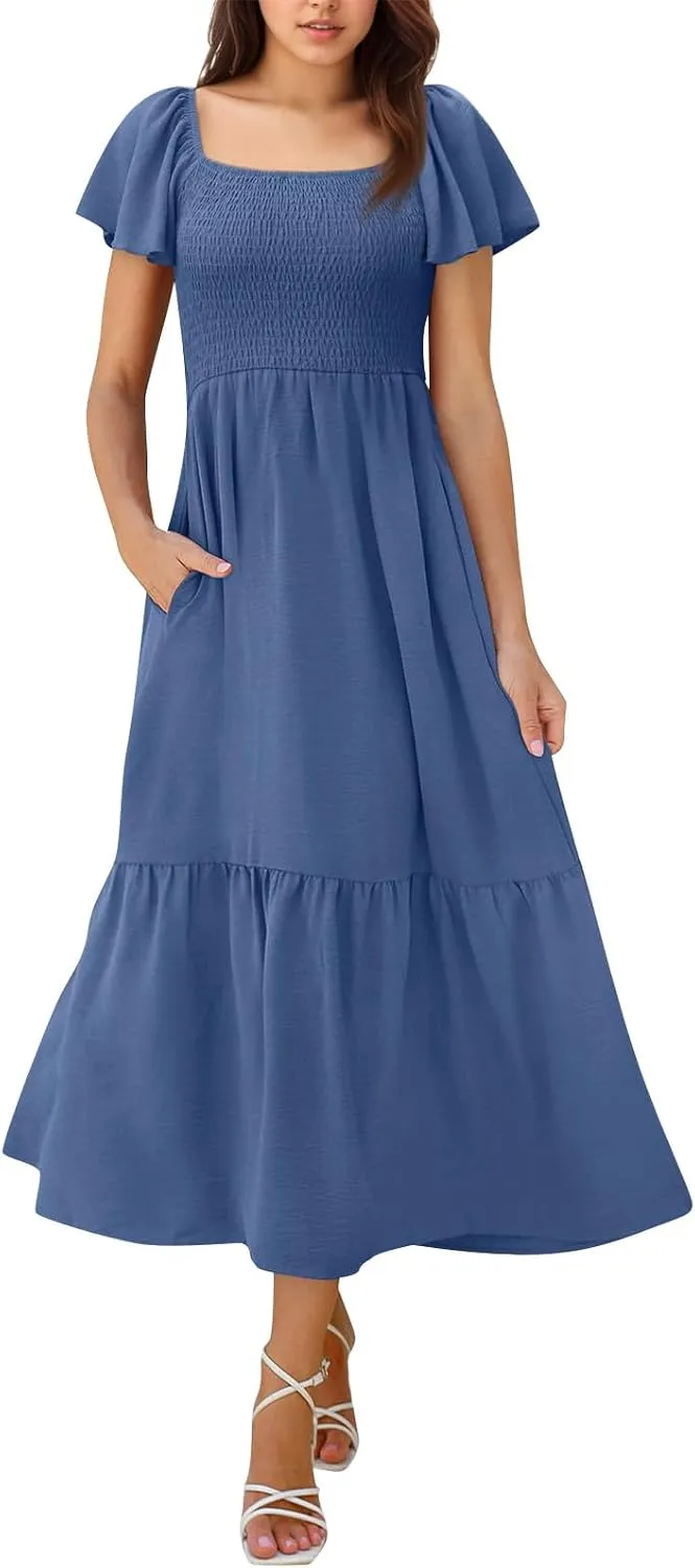 Maxi Summer Dresses for Women Smocked Square Neck Flutter Sleeve Dress Elegant Classy a Line Dresses with Pockets