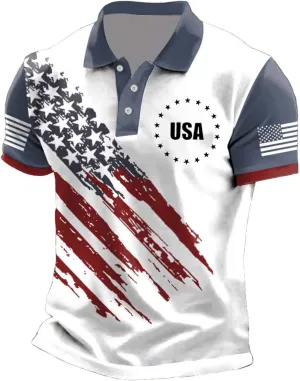 Mens Patriotic Polo Shirts Distressted USA Star Striped Golf Tshirts 4th of July Button Down Short Sleeve Clothes