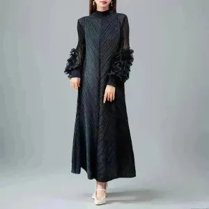 Middle East Plate Flower Loose Plus Size Pleated Extended Dress Oganza Long Sleeve Maxi Dress for Occasional events