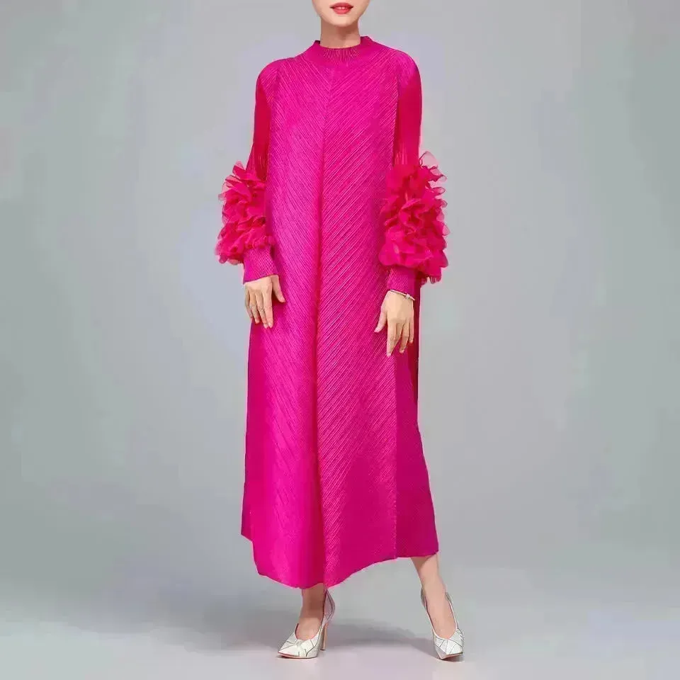 Middle East Plate Flower Loose Plus Size Pleated Extended Dress Oganza Long Sleeve Maxi Dress for Occasional events