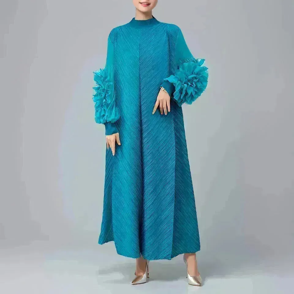 Middle East Plate Flower Loose Plus Size Pleated Extended Dress Oganza Long Sleeve Maxi Dress for Occasional events