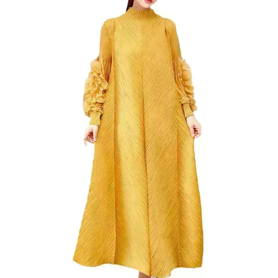 Middle East Plate Flower Loose Plus Size Pleated Extended Dress Oganza Long Sleeve Maxi Dress for Occasional events