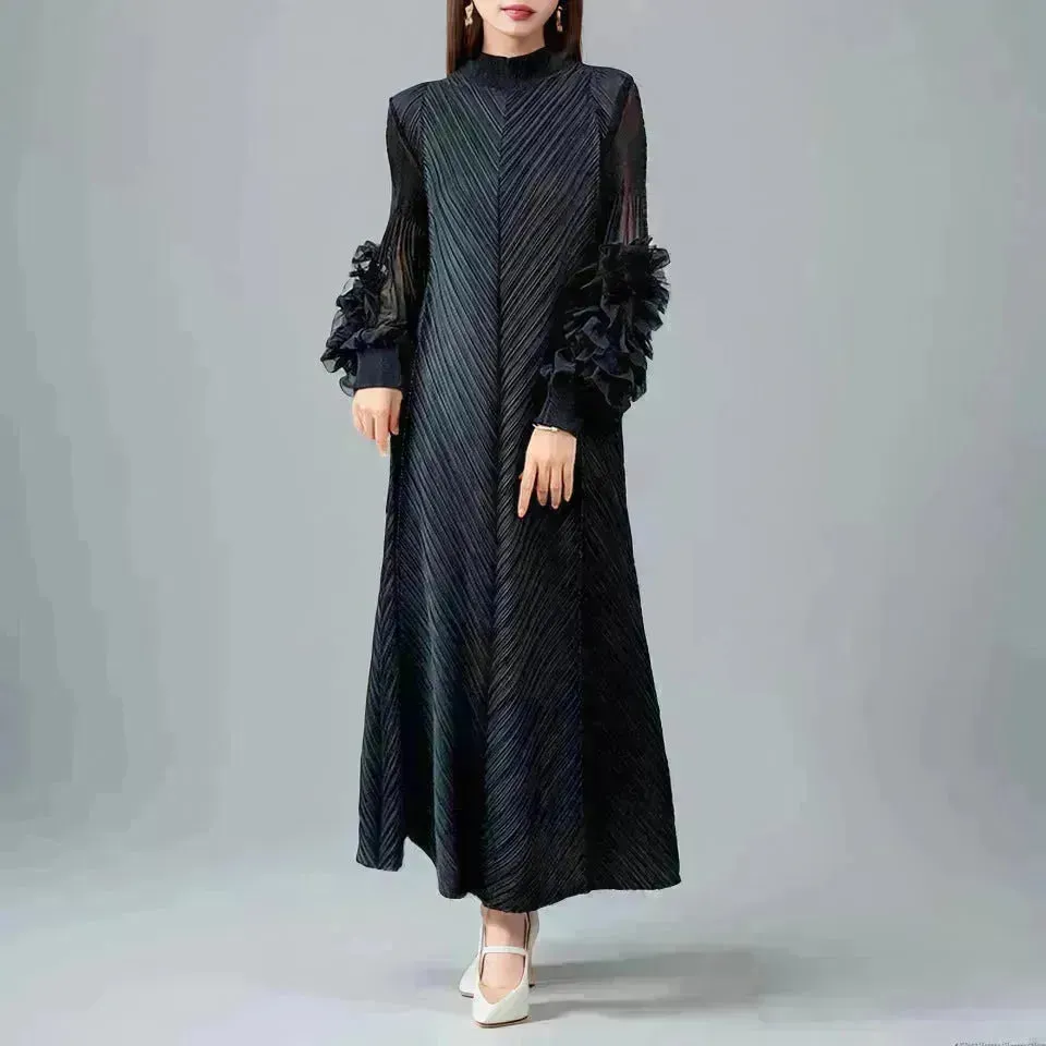 Middle East Plate Flower Loose Plus Size Pleated Extended Dress Oganza Long Sleeve Maxi Dress for Occasional events