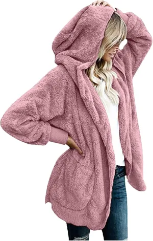 nerohusy Plus Size Fuzzy Jackets for Women Fuzzy Fleece Teddy Coats with Hood Open Front Cardigan Outwear with Shaggy Pocket