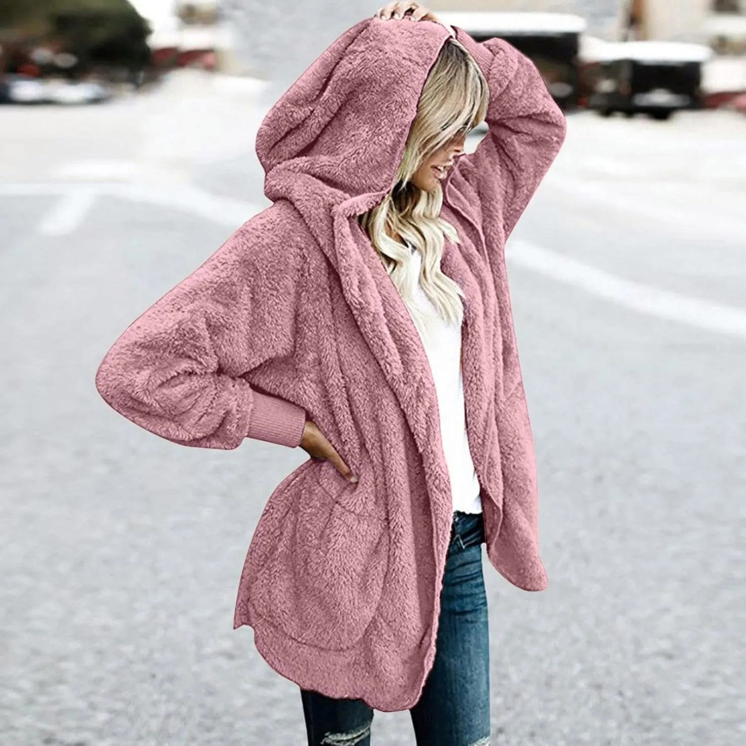 nerohusy Plus Size Fuzzy Jackets for Women Fuzzy Fleece Teddy Coats with Hood Open Front Cardigan Outwear with Shaggy Pocket