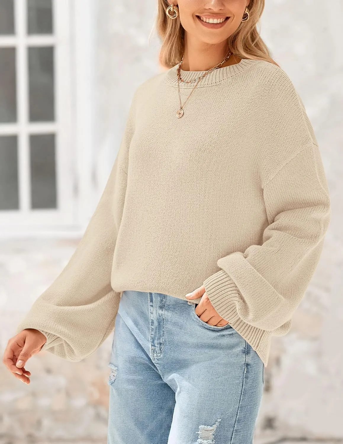 PRETTYGARDEN Women's 2024 Winter Chunky Knit Sweater Casual Long Lantern Sleeve Crewneck Pullover Jumper Tops