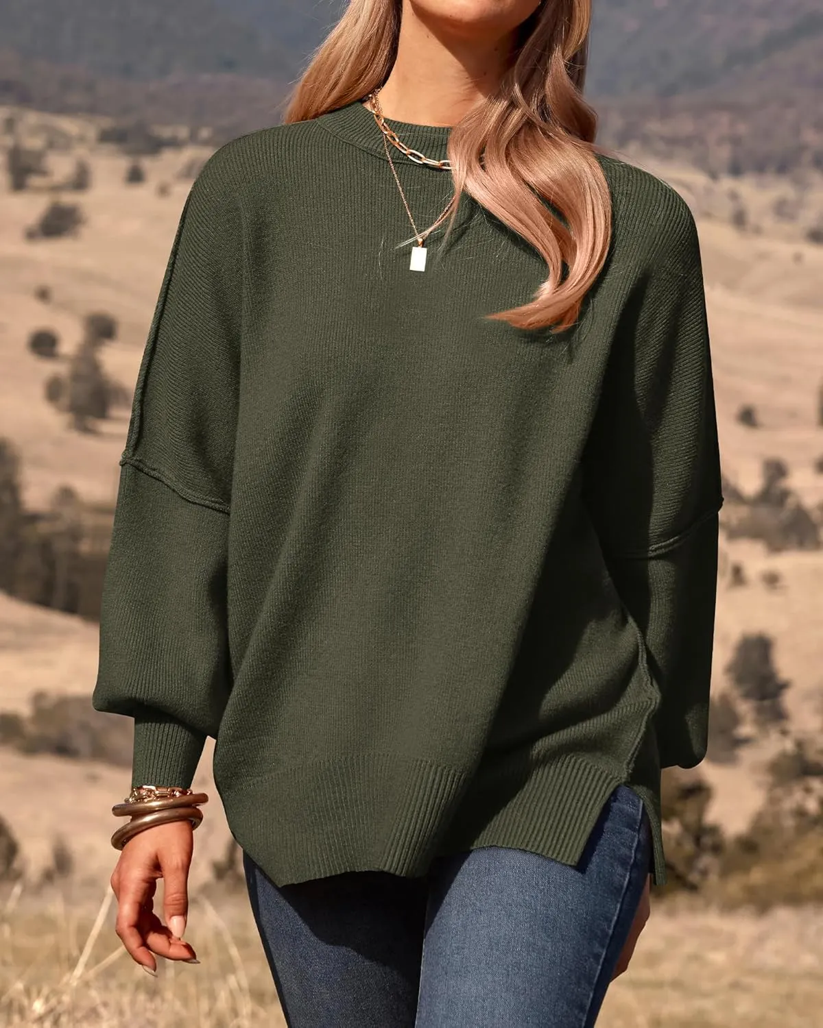 PRETTYGARDEN Women's Oversized Sweater 2025 Casual Fall Outfits Crewneck Long Sleeve Side Slit Chunky Knit Pullover Tops