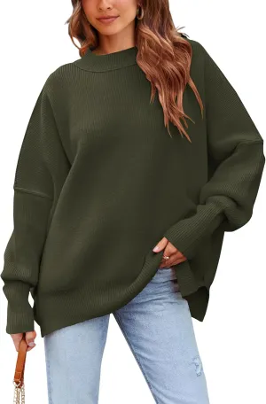 PRETTYGARDEN Women's Oversized Sweater 2025 Casual Fall Outfits Crewneck Long Sleeve Side Slit Chunky Knit Pullover Tops