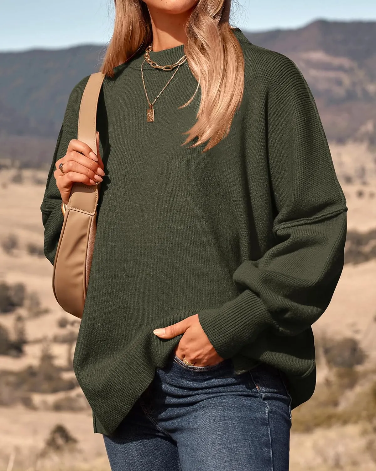 PRETTYGARDEN Women's Oversized Sweater 2025 Casual Fall Outfits Crewneck Long Sleeve Side Slit Chunky Knit Pullover Tops