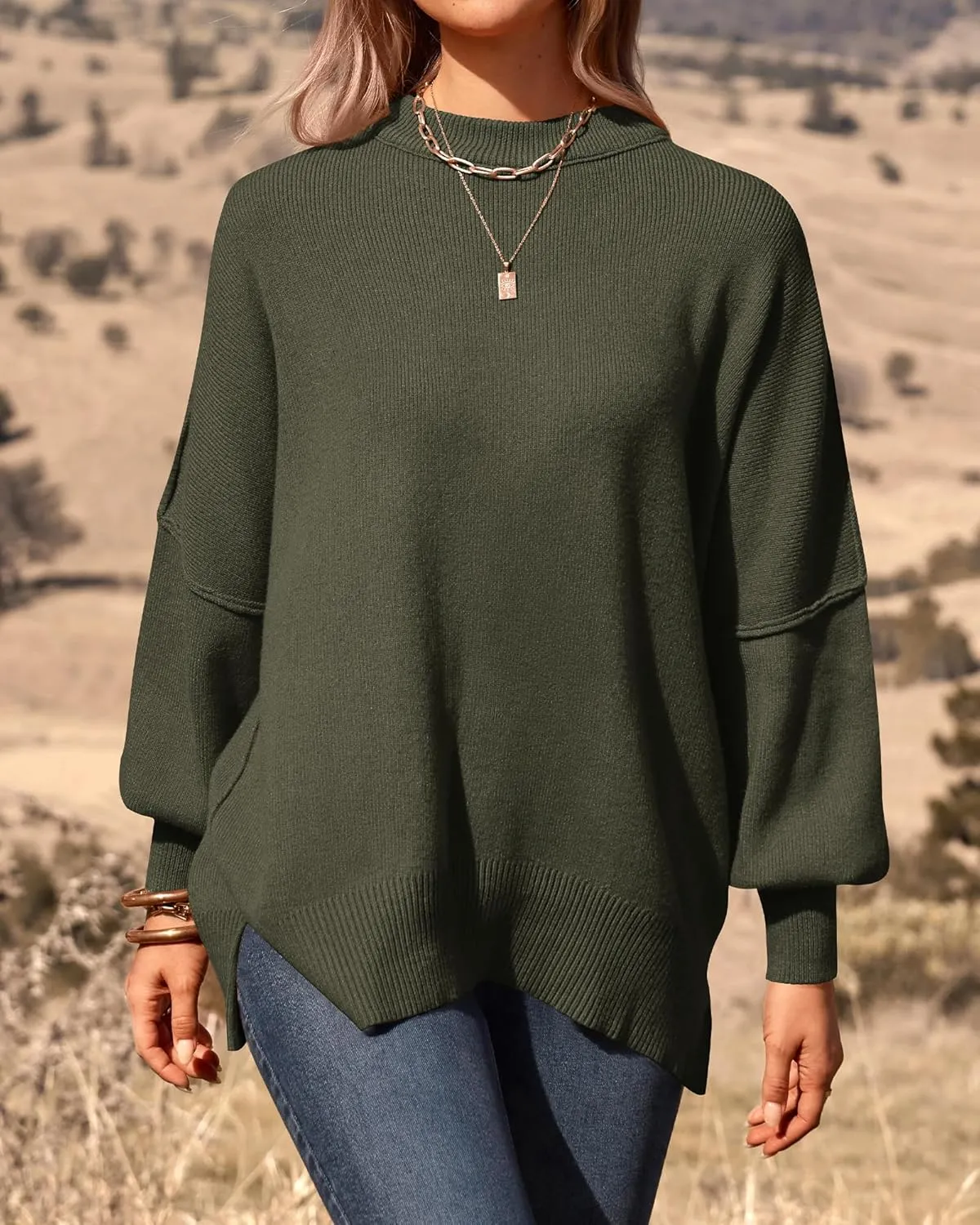 PRETTYGARDEN Women's Oversized Sweater 2025 Casual Fall Outfits Crewneck Long Sleeve Side Slit Chunky Knit Pullover Tops
