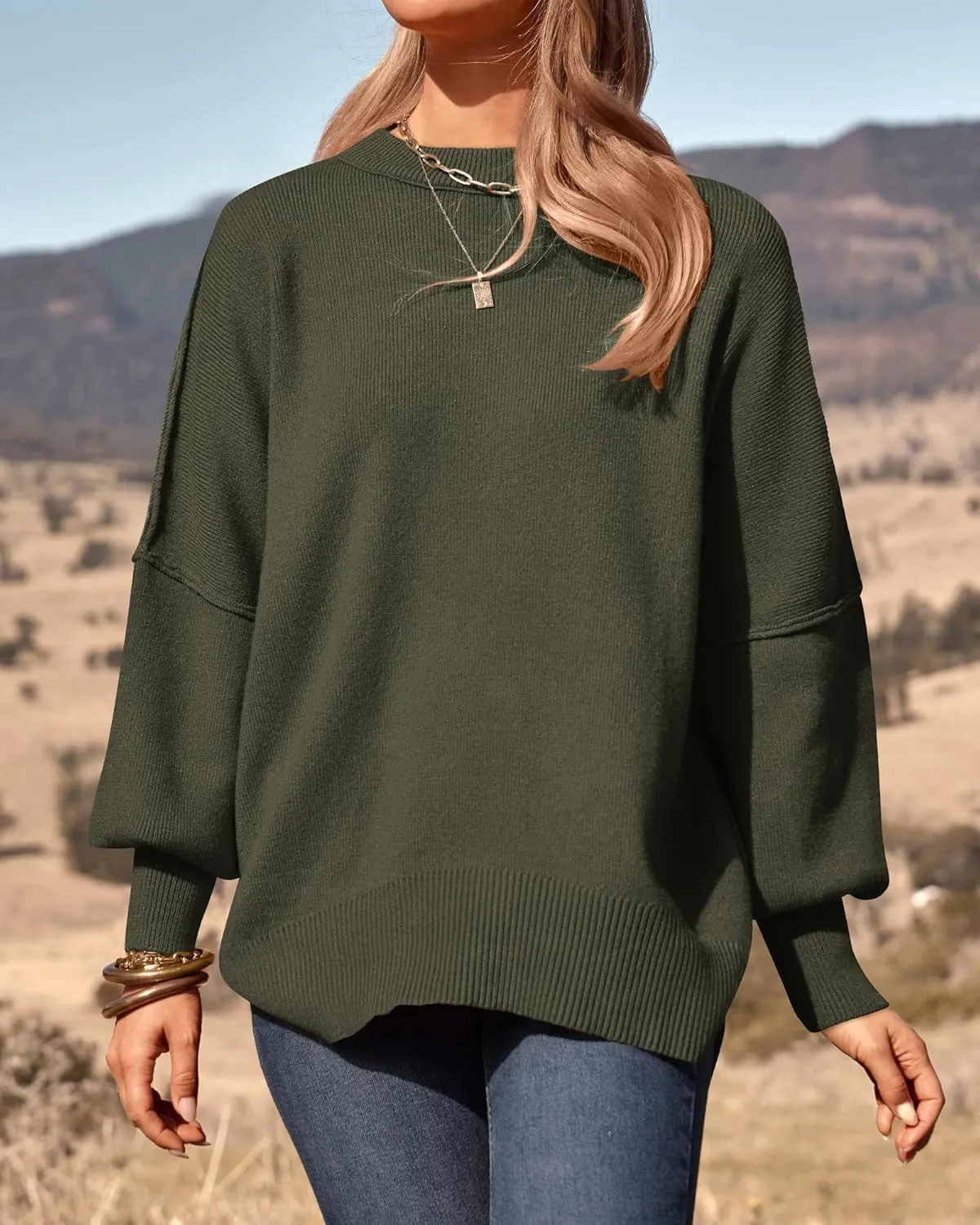 PRETTYGARDEN Women's Oversized Sweater 2025 Casual Fall Outfits Crewneck Long Sleeve Side Slit Chunky Knit Pullover Tops