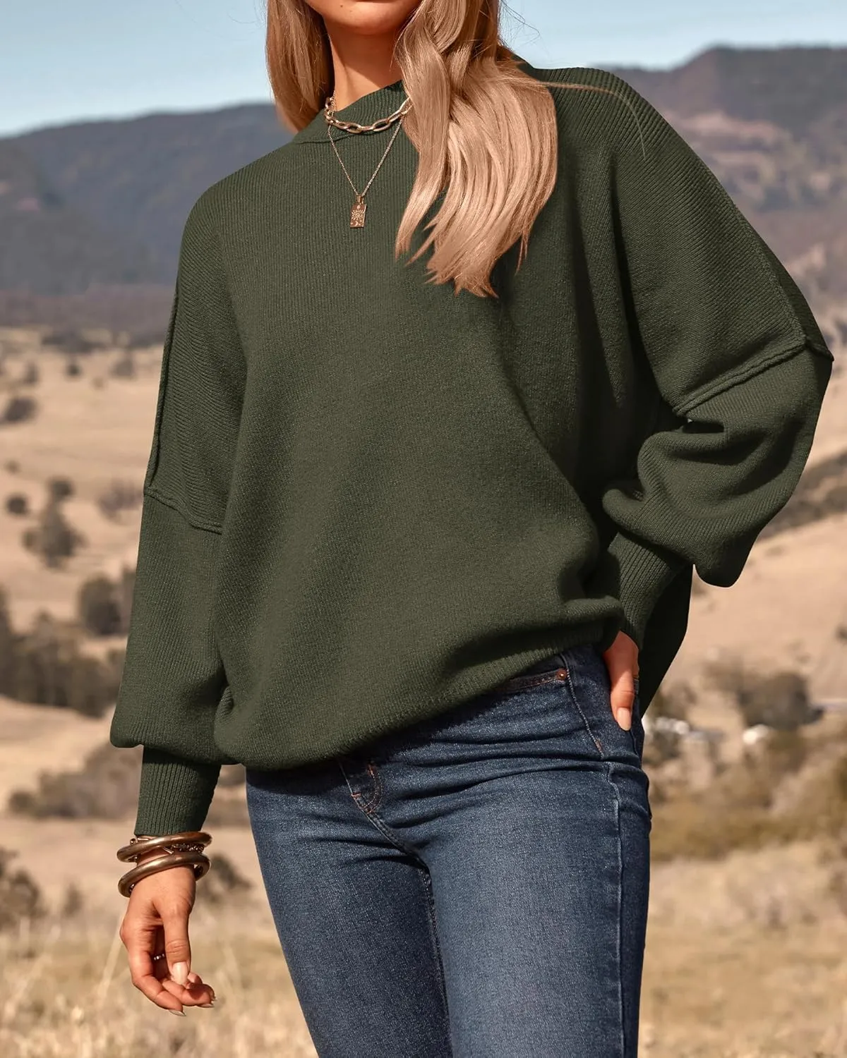 PRETTYGARDEN Women's Oversized Sweater 2025 Casual Fall Outfits Crewneck Long Sleeve Side Slit Chunky Knit Pullover Tops