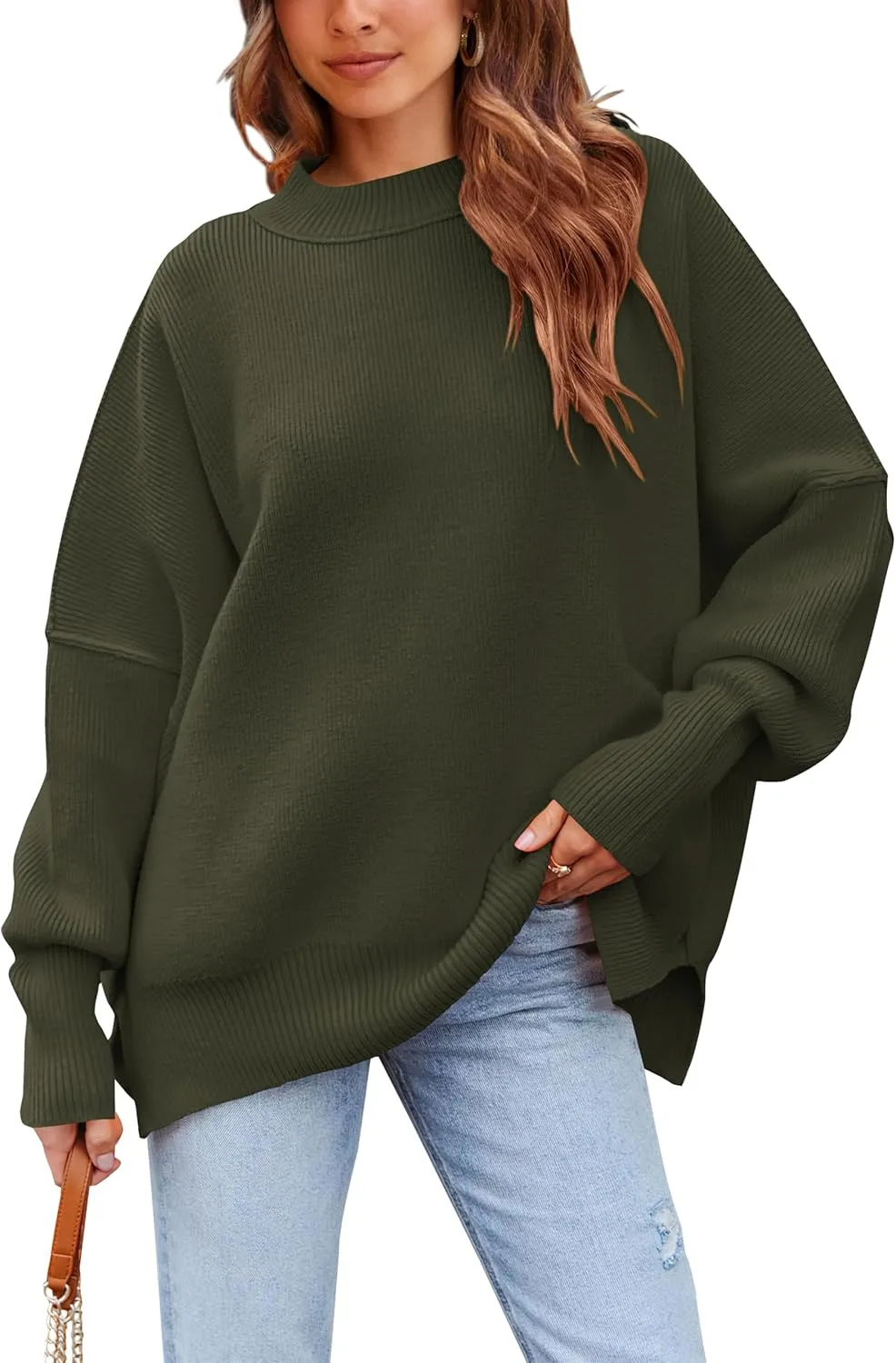 PRETTYGARDEN Women's Oversized Sweater 2025 Casual Fall Outfits Crewneck Long Sleeve Side Slit Chunky Knit Pullover Tops