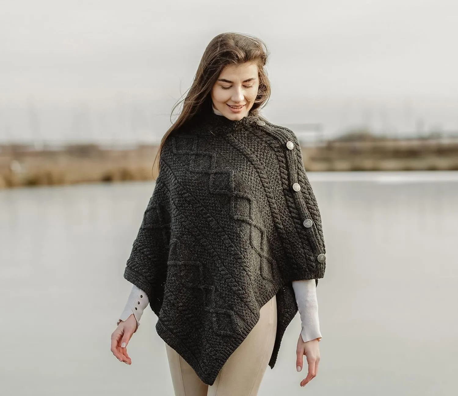 SAOL Wool Women's Poncho with Celtic Buttons Cable Knit Cardigan Cowl Neck Cape