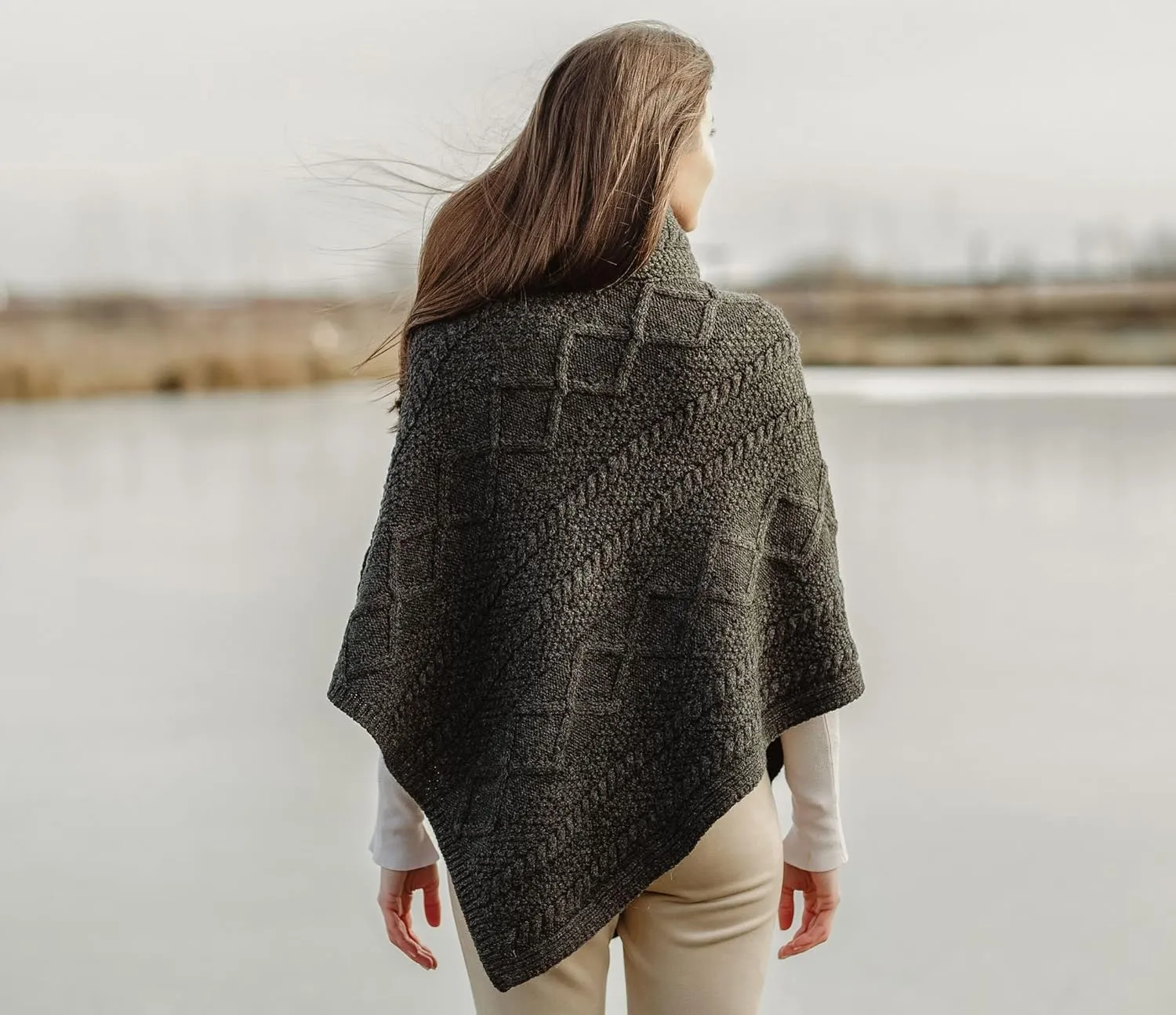 SAOL Wool Women's Poncho with Celtic Buttons Cable Knit Cardigan Cowl Neck Cape