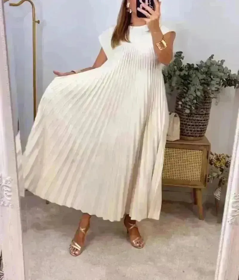 Short Sleeve Pleated Long Maxi  Dress Summer Round Neck Swing Dress Women's Clothing