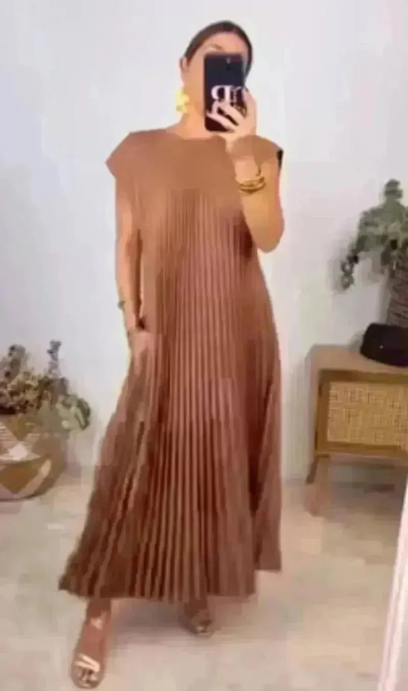 Short Sleeve Pleated Long Maxi  Dress Summer Round Neck Swing Dress Women's Clothing