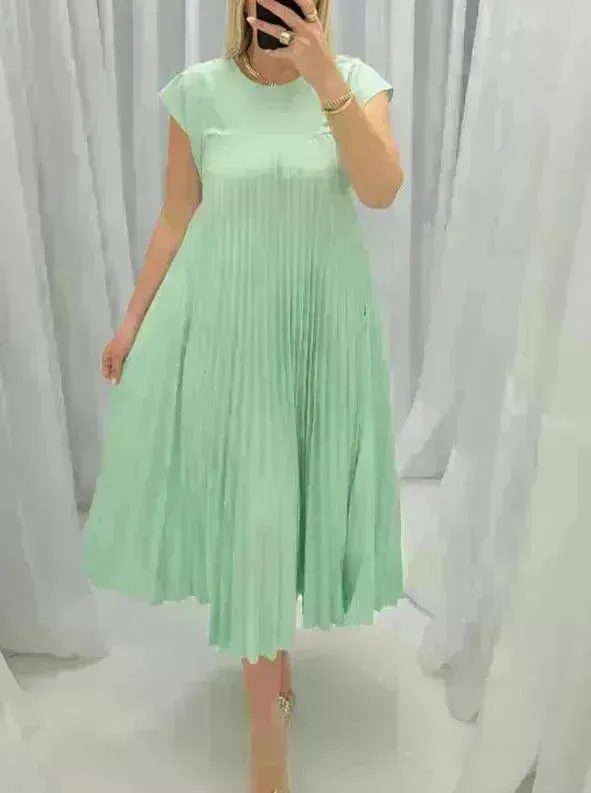 Short Sleeve Pleated Long Maxi  Dress Summer Round Neck Swing Dress Women's Clothing