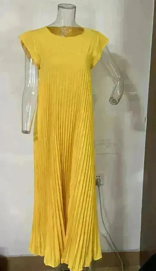 Short Sleeve Pleated Long Maxi  Dress Summer Round Neck Swing Dress Women's Clothing