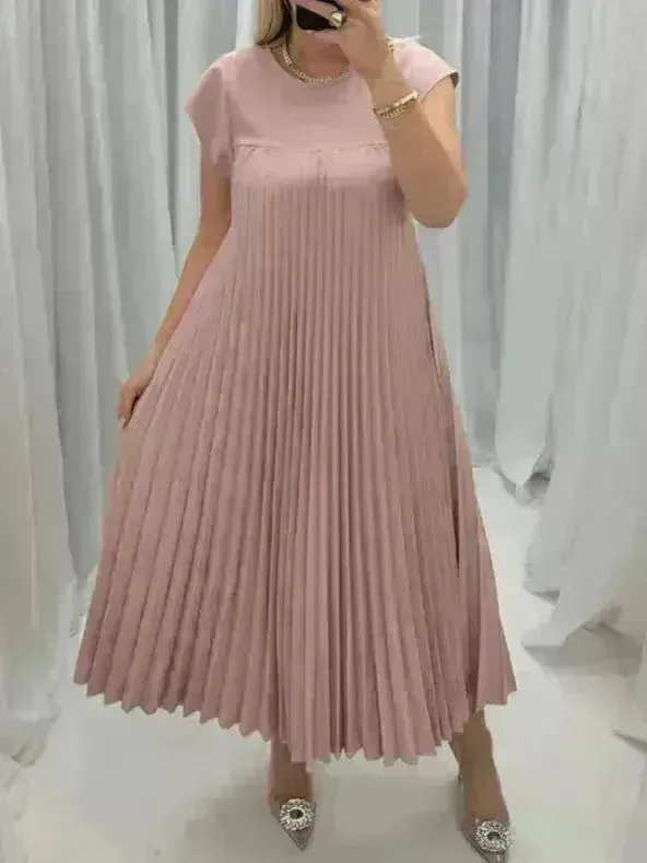 Short Sleeve Pleated Long Maxi  Dress Summer Round Neck Swing Dress Women's Clothing