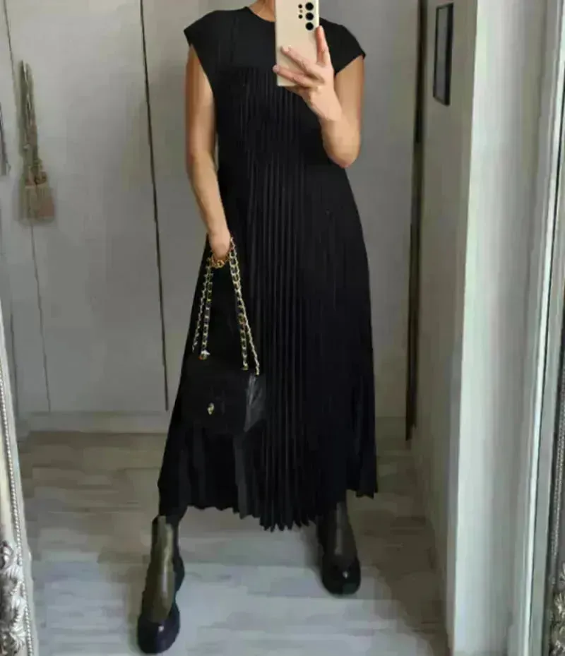 Short Sleeve Pleated Long Maxi  Dress Summer Round Neck Swing Dress Women's Clothing