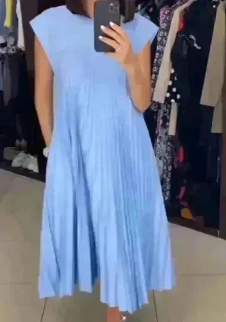Short Sleeve Pleated Long Maxi  Dress Summer Round Neck Swing Dress Women's Clothing