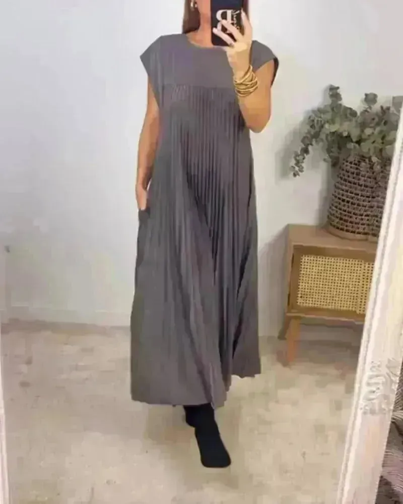 Short Sleeve Pleated Long Maxi  Dress Summer Round Neck Swing Dress Women's Clothing