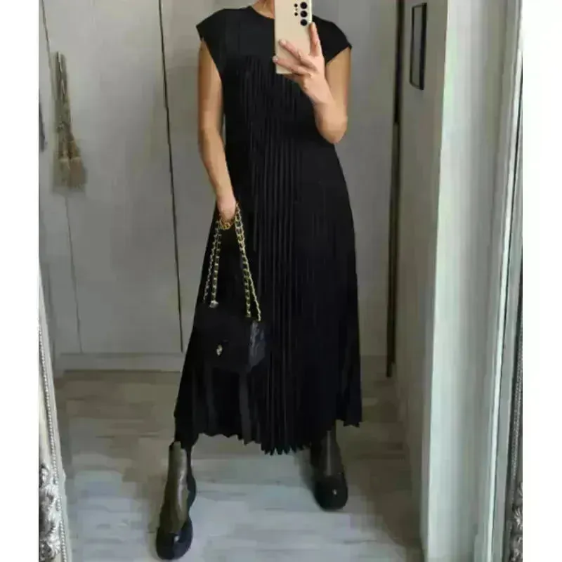 Short Sleeve Pleated Long Maxi  Dress Summer Round Neck Swing Dress Women's Clothing